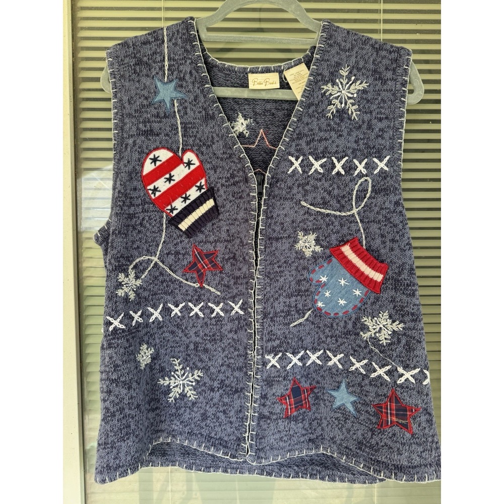 Womens L Bobbie Brooks "Ugly" Christmas Sweater Vest Americana Mittens July 4th